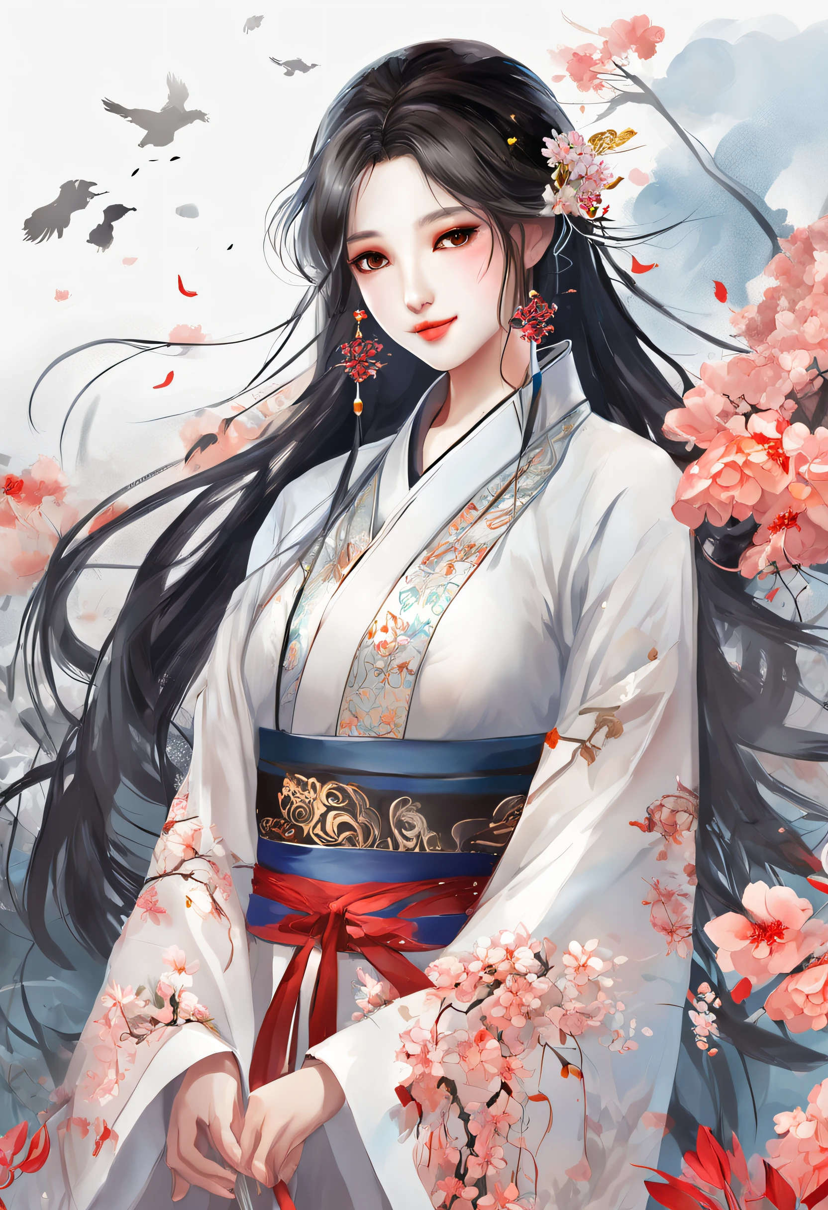 (illustration:1.8),(best quality),(masterpiece:1.5),masterpiece,png,(extremely detailed CG unity 8k wallpaper), (colorful),warm,Chinese style,(ink splashing),(color splashing),((watercolor)),(1 Chinese girl:1.8),solo, depth of field,dramatic angle,(Silver detailed cyan_ribbon and white flowers in the girl's long black_hair:1.25), (detailed black_hair:1.35), ,((gold_black Taoist robes:1.35)),(braid), (detailed beautiful face:1.3),detailed symmetrical_Blue_eyes,,
(Ancient palace background far away:1.55),A slight light, (pink flower:1.2),chiaroscuro, ((lotus) in beautiful detailed flowing_clouds_sea:1.3), Rayleigh scattering,(feather headdress:1.15)