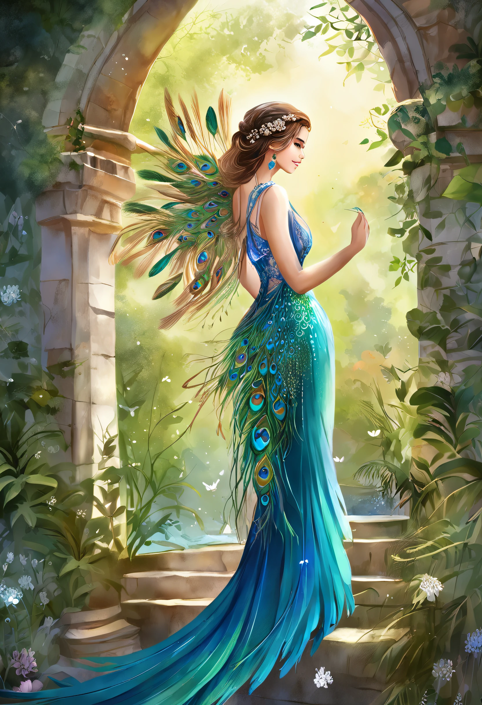 (extremely detailed CG unity 16k wallpaper:1.1), (Denoising strength: 1.45), (tmasterpiece:1.37), wallpaper, original, (1girl:1.35), (solo), full body, dynamic, blue eyes, detailed eyes, peacock wing, (disheveled hair), colored tips, colored inner hair, jewelry, intricated filigree, feathers on dress, volumetric lighting, jungle, Tyndall effect, peacock feathers, halation, (illustration), (depth of field), god rays, sparkle, glowing light, best quality, (masterpiece:1.35)  [peacock feather gorgeous dress:(peacock feathers):0.65]