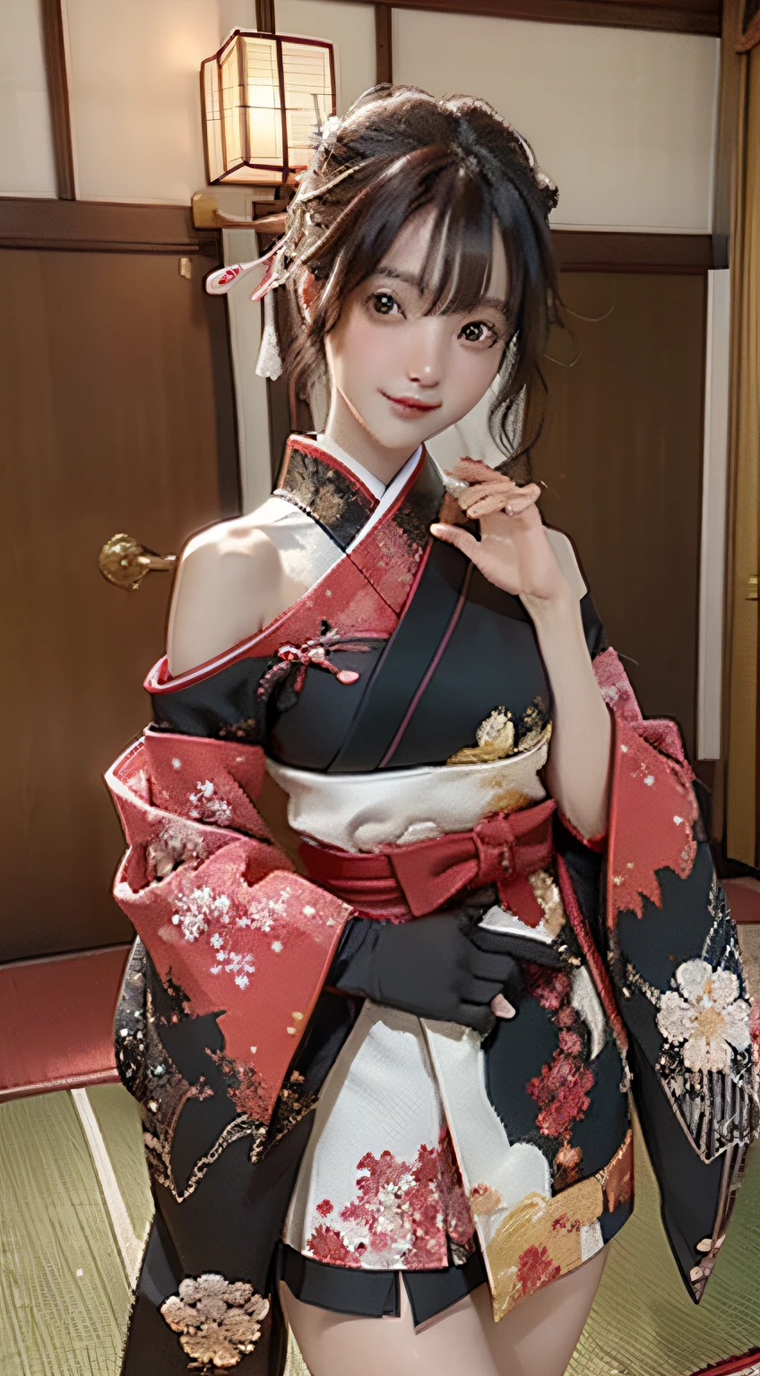 Official art, 统一 8k 壁纸, ultra-detailliert, Beautifully Aesthetic, masterpiece, top-quality, (Zentangle, Tangles, Entanglement), (Fractal Art: 1.4), 1girl in, A dark-haired, japanse, bare shoulders, a short skirt, Calf, ighly detailed, dynamic ungle, cowboy shot, (The most beautiful forms of chaos), A flowing, (bright colour), nffsw, (half: 1.2), japanese-inspired, (Tanka Flying Sky: 1.5), (bow ribbon: 1.3), (Dreams: 1.5), (A Japanese style: 1.5), Japan Phoenix、(A smile:0.5)、(japanese god)、