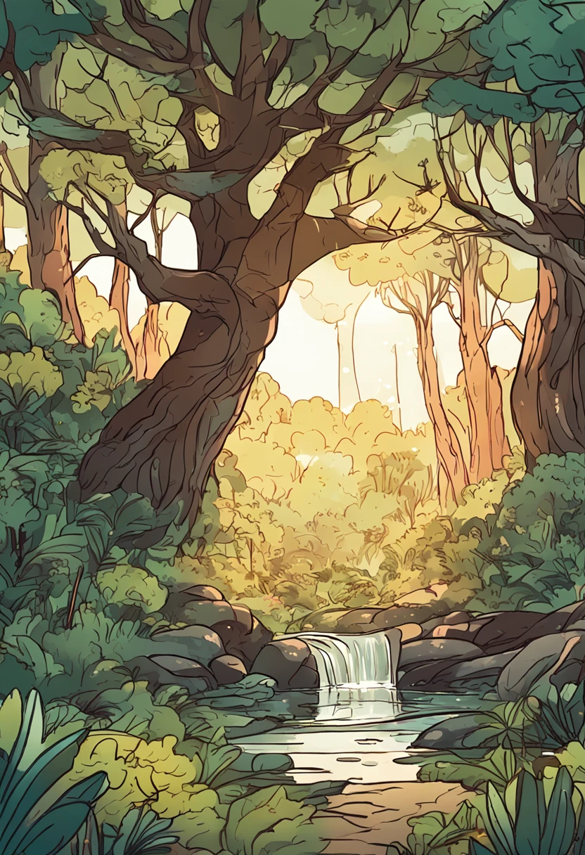 Draw an illustration of a forest where you feel spiritual power。tree々radiates calm energy、Please express the scene of sunlight shining softly。This illustration is、Viewers々Aim to have an atmosphere that brings peace or healing to。Every time I see it, my mind is refreshed.、I would be happy if you could draw such an image。」