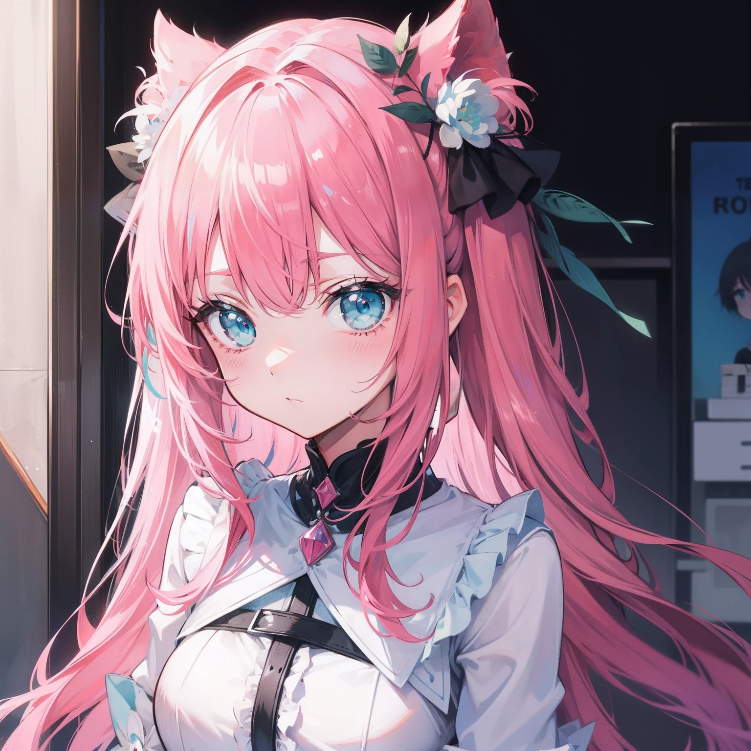 Gray-pink bangs,Blue-green eyes,It's a cute girl
