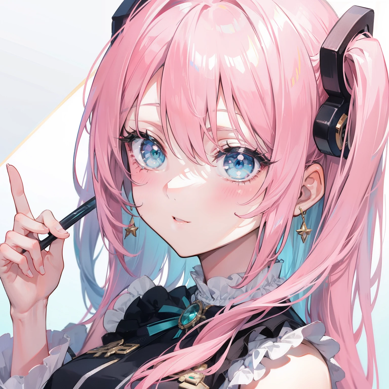 Gray-pink bangs,Blue-green eyes,It's a cute girl
