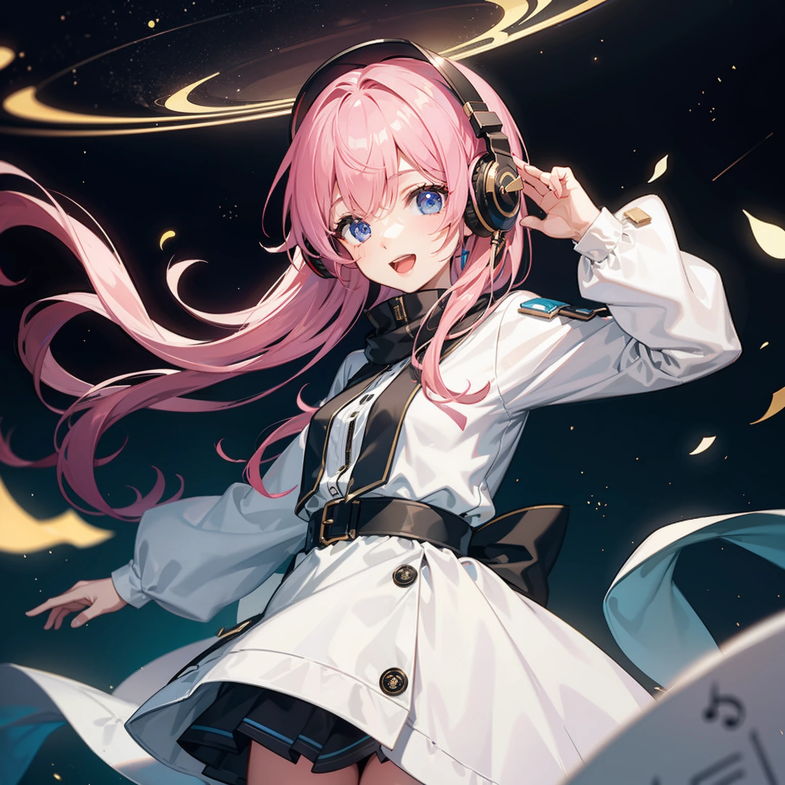 masterpiece top-quality Shy laughter girl with headphones music (musical note) longshot Virtual space