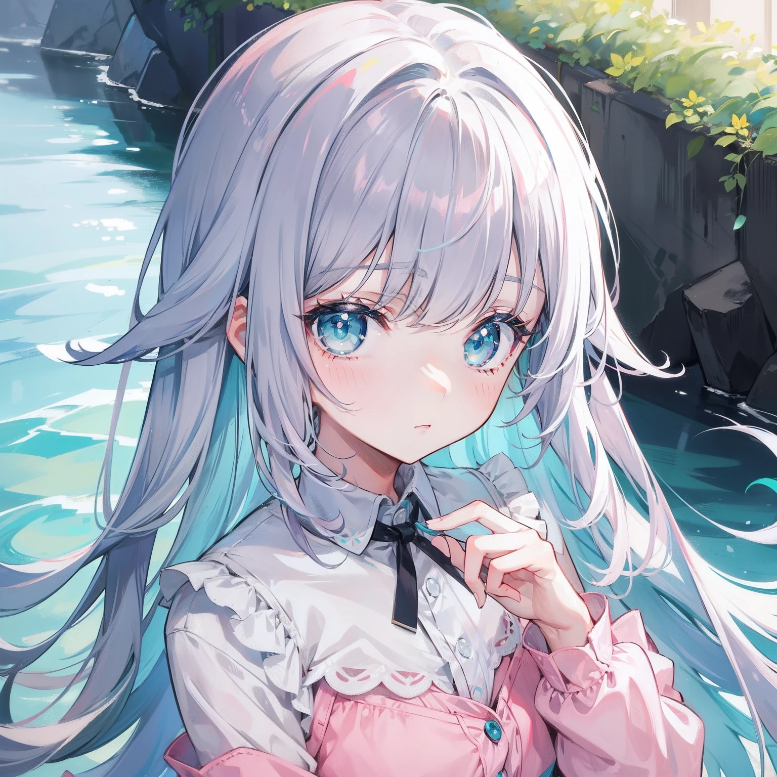Gray-pink bangs,Blue-green eyes,It's a cute girl