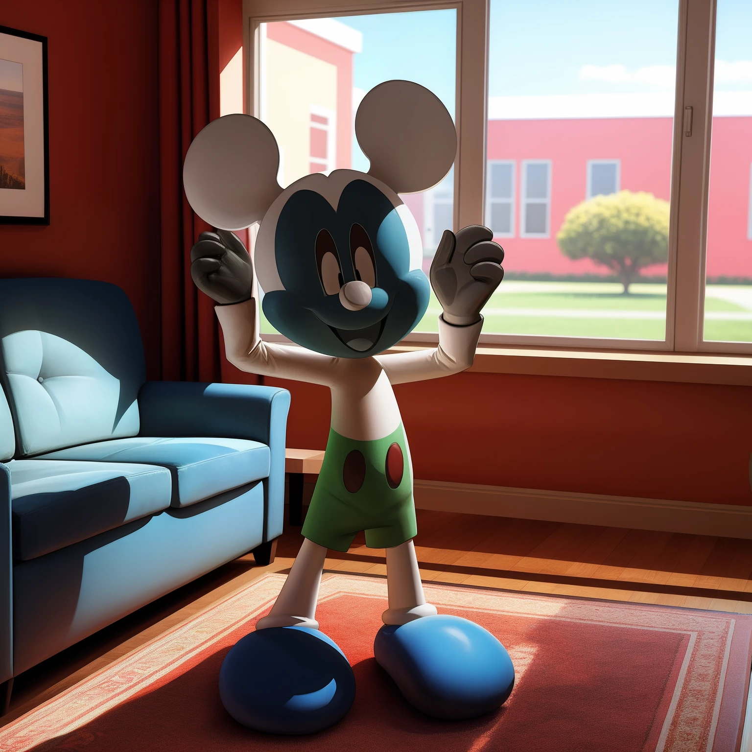 Mickey Mouse, black circular eyes with white pupils, open smile, full body, real life plush toy, in a living room, holding a burger