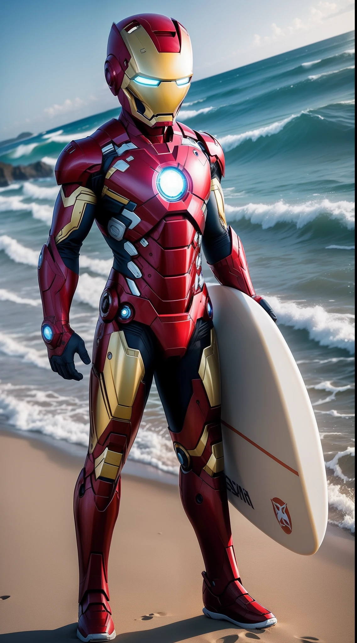 "Envision a delightful and captivating scene where a Superbaby Iron Man embarks on a beach adventure while carrying a surfboard. Imagine a tiny Iron Man, donning a miniaturized version of his iconic suit, exploring the sandy shores. His tiny arc reactor emits a playful glow, adding a touch of superhero charm. The surfboard, tailored for his size, is held with ease, showcasing his technological prowess. The art style combines playful whimsy with high-tech aesthetics, drawing inspiration from comic book visuals and beach vistas. Set the scene against a picturesque coastal backdrop, with gentle waves and a warm sun setting on the horizon. Capture the Superbaby Iron Man's exploration in a mid-distance shot, highlighting his curiosity and the joy of the beach."