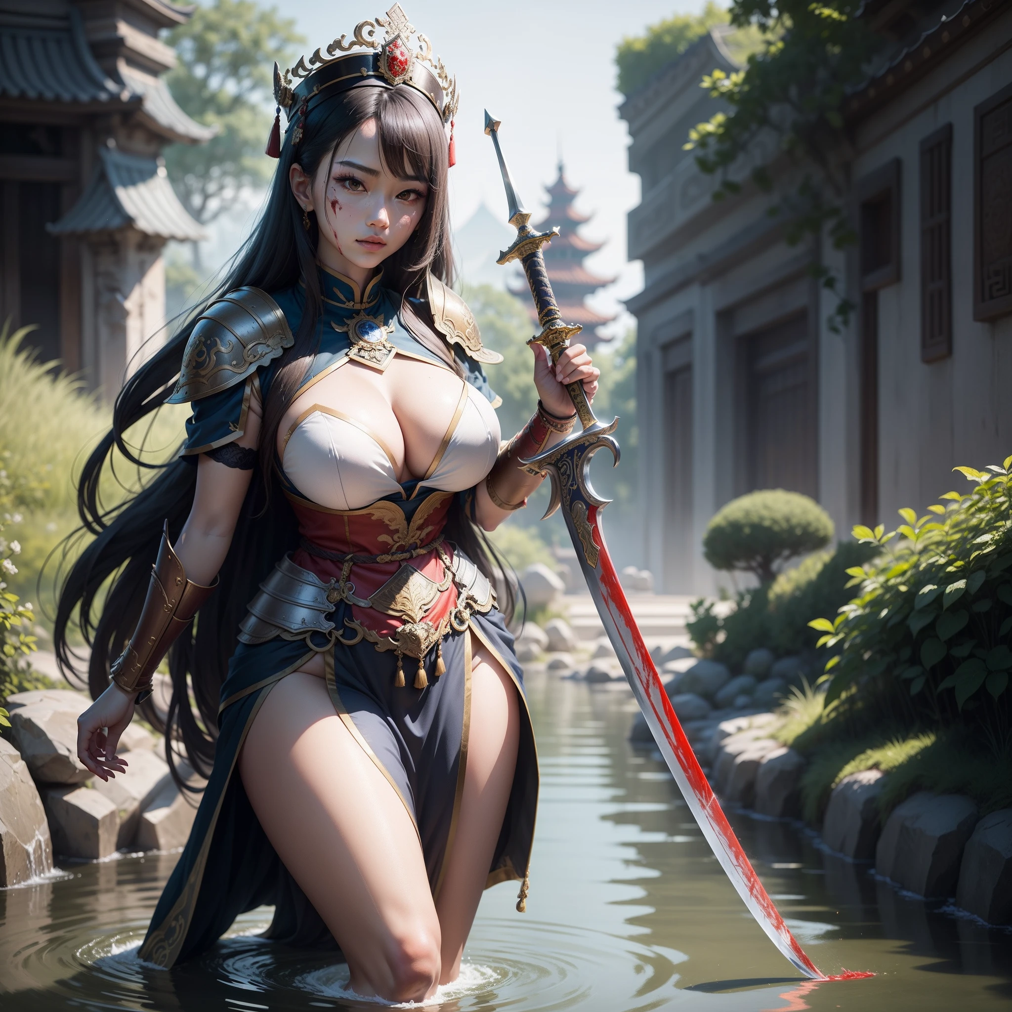 Walk on the water，Pretty goddess，Hold a sword in hand，stare into the distance，exquisite curve，soft line。General Gufeng was wearing armor and had a trace of blood on his face，red eyes，Big tits