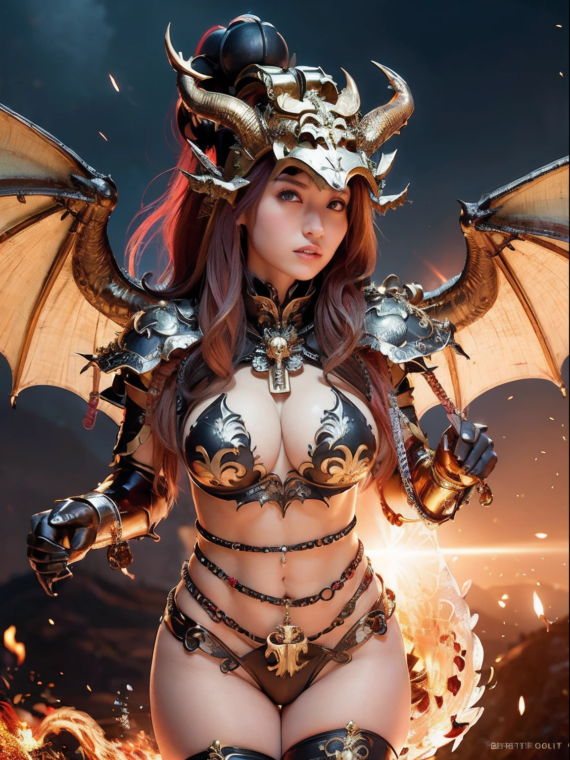 Professional , masterpiece、top-quality、photos realistic , depth of fields 、(Dragon Black Metal Body:1.9),(Mattretto、(cleavage of the breast)、Dragon Gold Weapon、(Micro Bikini Armor:1.4),Gorgeous gold weapons ,Particles of light、Particles of light、(( Dragon's dense and gorgeous sword)) , (demonic wings)、((a blond))、(Castle background)、((Gangle's forest background))、Take different poses、Beautiful Caucasian beauty、1a person、dynamic ungle,(((Detailed and ornate dragon helmet)))、Smaller head、A smile、Castle background、Thin and beautiful female hands、cleavage of the breast、Soldier in iron armor on background、Mystical expression、Light Effects、intense fighting、Wind-effect、magic circles、With the legendary magic wand、Dragon's tail、explosions、