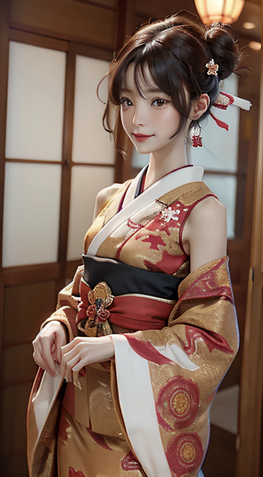 Official art, 统一 8k 壁纸, ultra-detailliert, Beautifully Aesthetic, ​masterpiece, top-quality, (Zentangle, Tangles, Entanglement), (Fractal Art: 1.4), 1girl in, A dark-haired, japanse, bare shoulders​, a short skirt, Calf, ighly detailed, dynamic ungle, cowboy  shot, (The most beautiful forms of chaos), A flowing, (bright colour), nffsw, (half: 1.2), japanese-inspired, (Tanka Flying Sky: 1.5), (bow ribbon: 1.3), (Dreams: 1.5), (A Japanese style: 1.5), Japan Phoenix、(A smile:0.5)、(japanese god)、