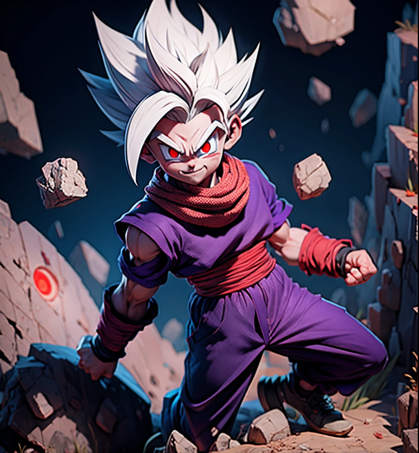 masterpiece, best quality, ultra-detailed, Adult Gohan 1boy, solo, Full body, evil smile, grey hair, spiked hair, (((red eyes))), (((perfect eyes))), (((PURPLE dougi))), full body, looking at viewer, male focus, earth \(planet\), planet, space, cracked ground and lots of rocks rising up, lots of debris going up, perfect hands . Cute, chibi,