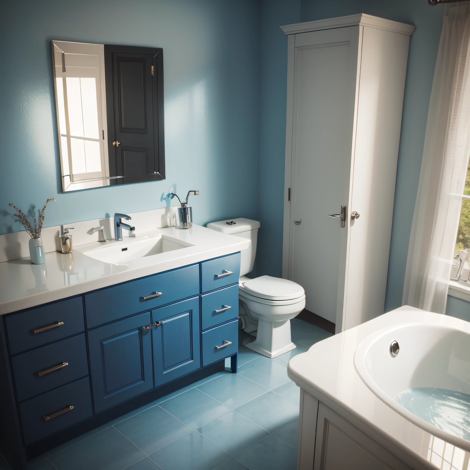 bathrooms with blue vanity with Shower and Bathtub Bliss