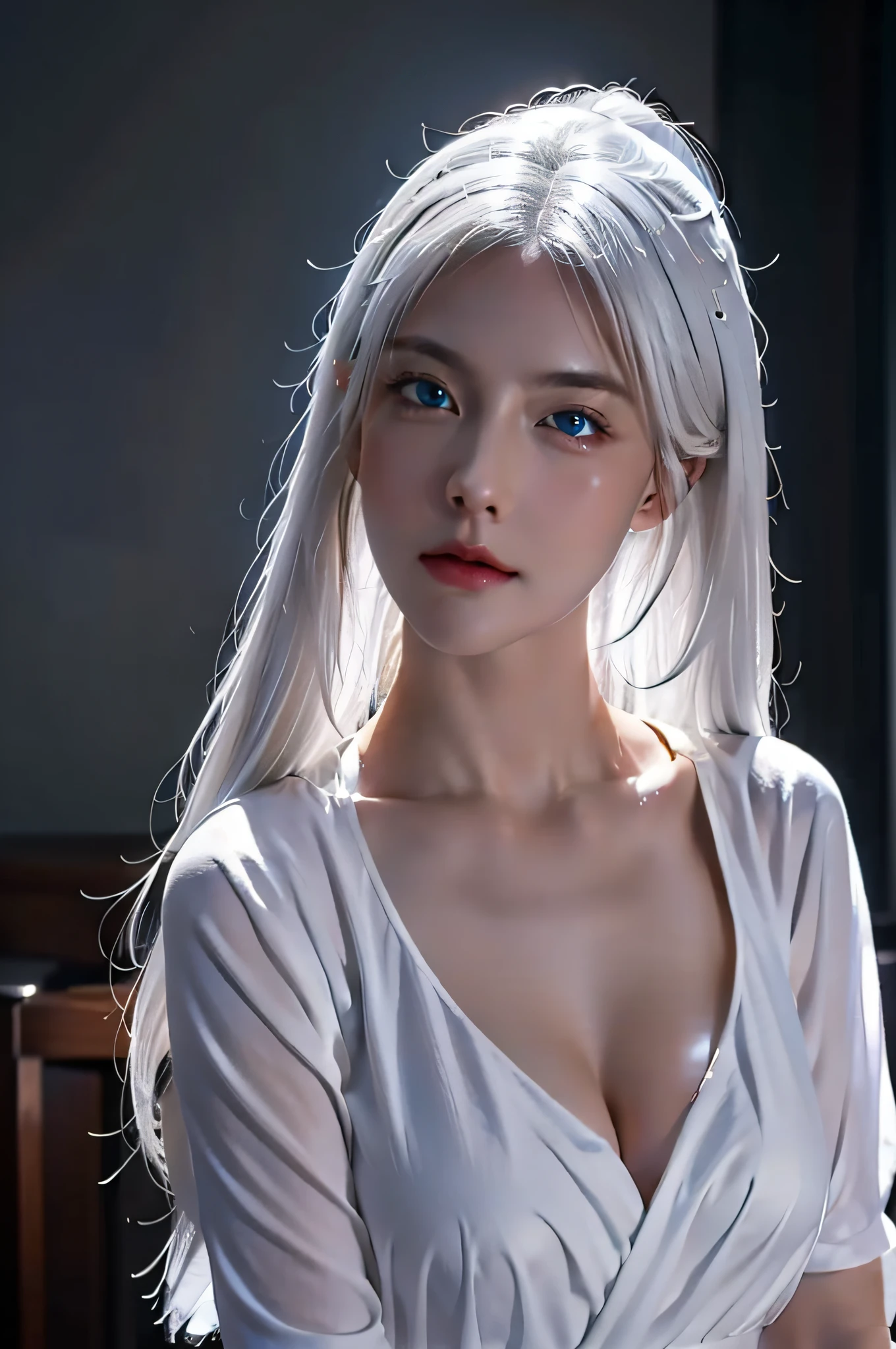 face lighting,bright backlight,medium breasts,super high resolution,best quality,Photos,4k,(Realistic:1.2),huli,1girl,white hair,fox ears,blue eyes,