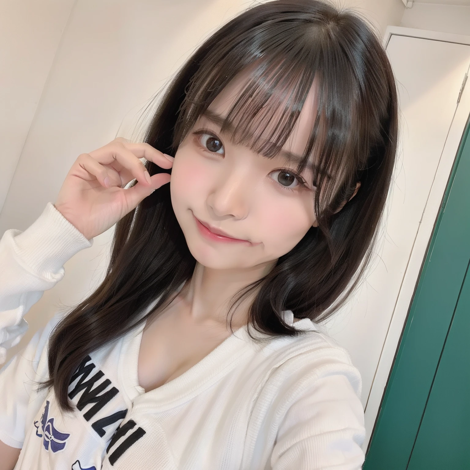 qulity, A hyper-realistic, (realisitic:1.3)、top-quality、超A high resolution、SLR、Instagram、Very delicate、Look at viewers、Japan 1 woman(A dark-haired、shorth hair、Black eye、、adorable smiling)、Smooth skin、 (touch hair:1.4)、nogizaka、cute little、fullnude、hiding boobs with hands