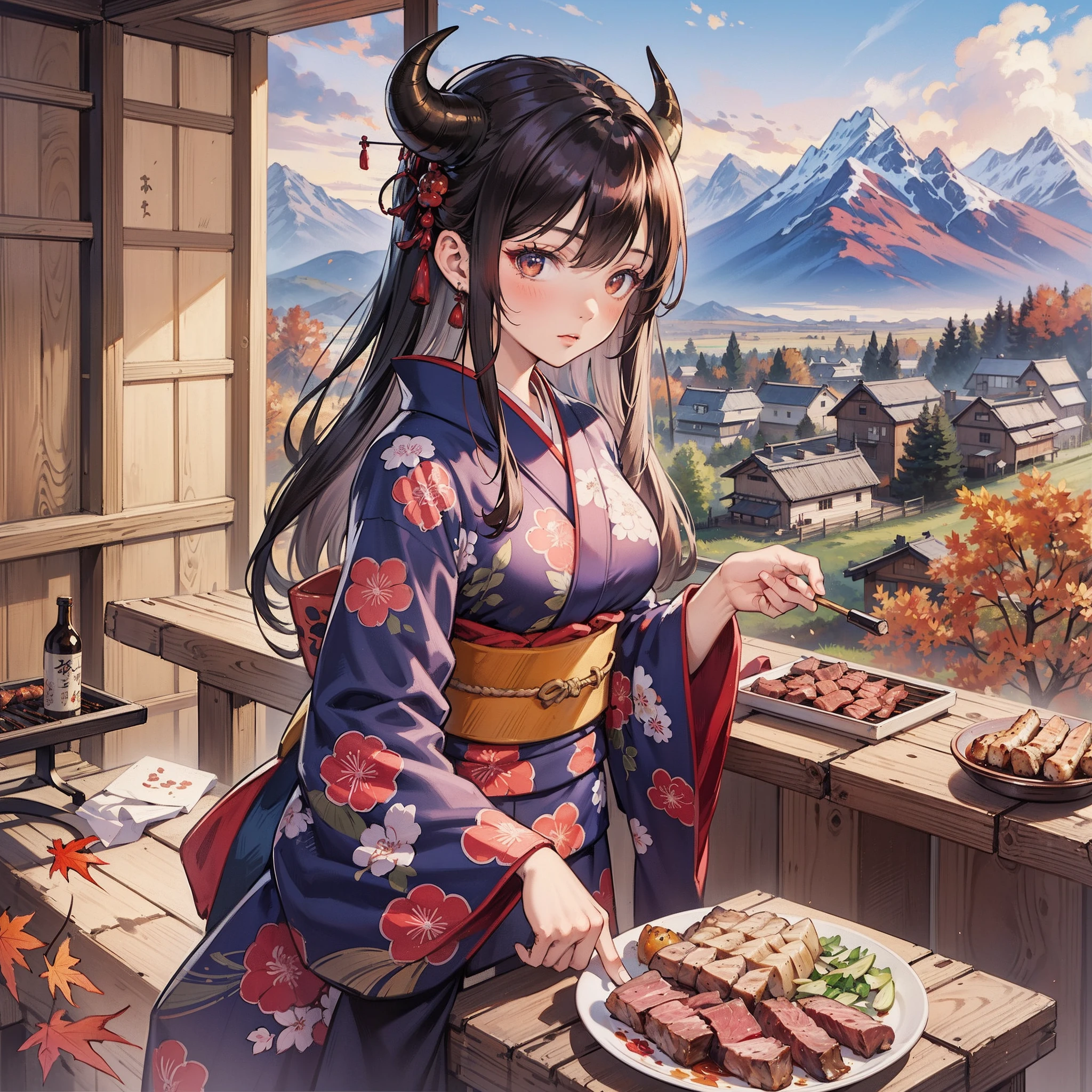 (masterpiece, best quality:1.2), (2 girl, 18 years old, kimono, demon horn), (open fire stand, meat on the barbecue net), (mountains and fields in autumn background)
