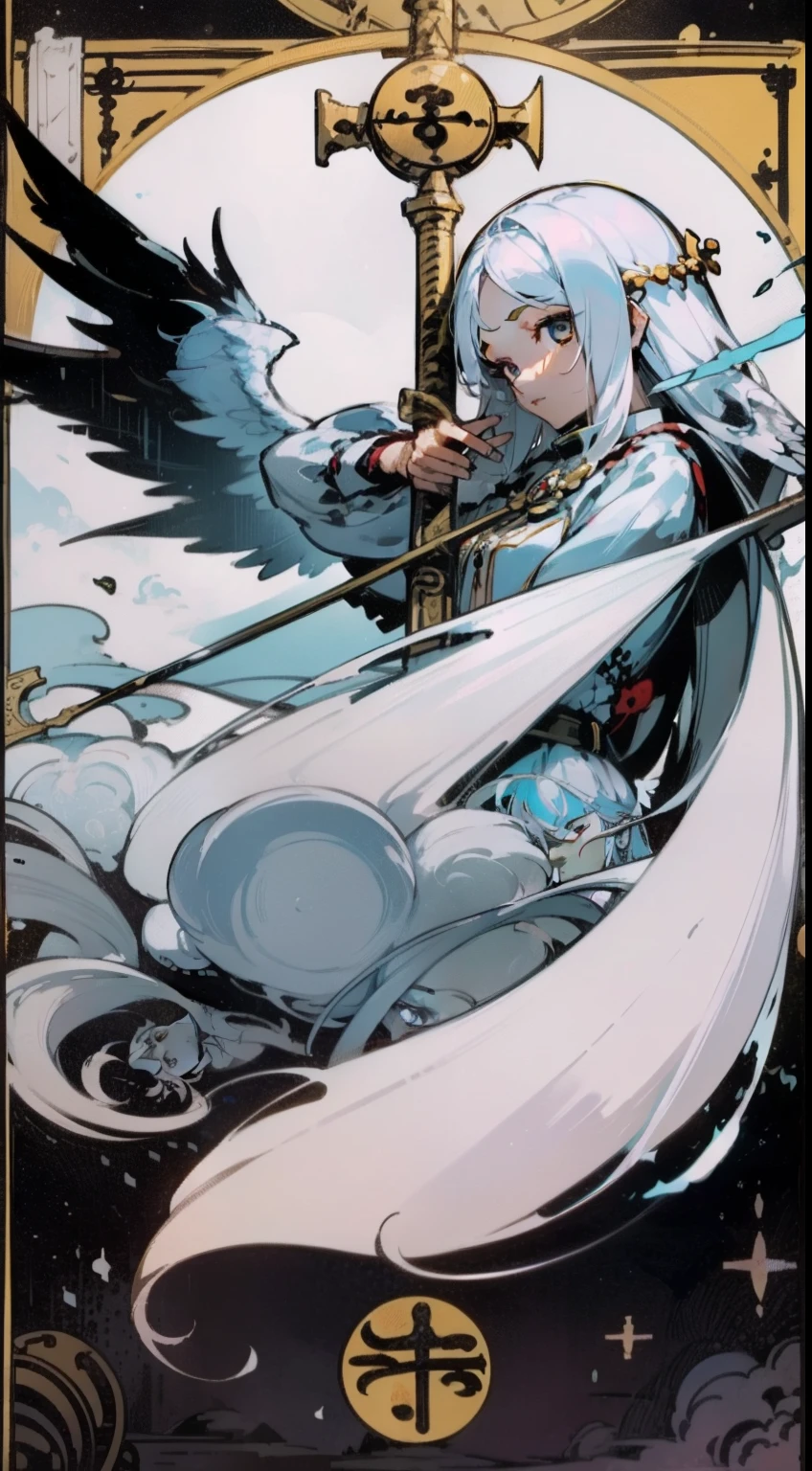 (Masterpiece, Best quality;1.3),(tarot cards:1.2), 1female,female-focus,long white hair, Young, Beautiful face, angelicales,Wings,The sword, Solo, view the viewer, calligraphy characters, symetrical composition, long shadow, cloody moon,blood splattere, Ultra detailed