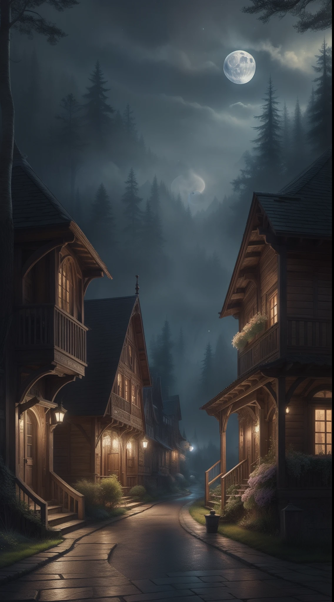 Watercolor painting in the style of Thomas Kincaid depicting a beautiful village in the middle of an enchanted forest on a magical night with a waning moon.  16K Fine Art Photography, photorealistic concept art, soft natural volumetric cinematic perfect light, chiaroscuro, a  photo of a, Award-winning, Masterpiece, Ultra HD, Realistic, Vivid colors, UHD Drawing, pen and ink, Perfect composition, beutiful, Detailed, an intricate, insanely detailed, Octane rendering is trending on ArtStation,