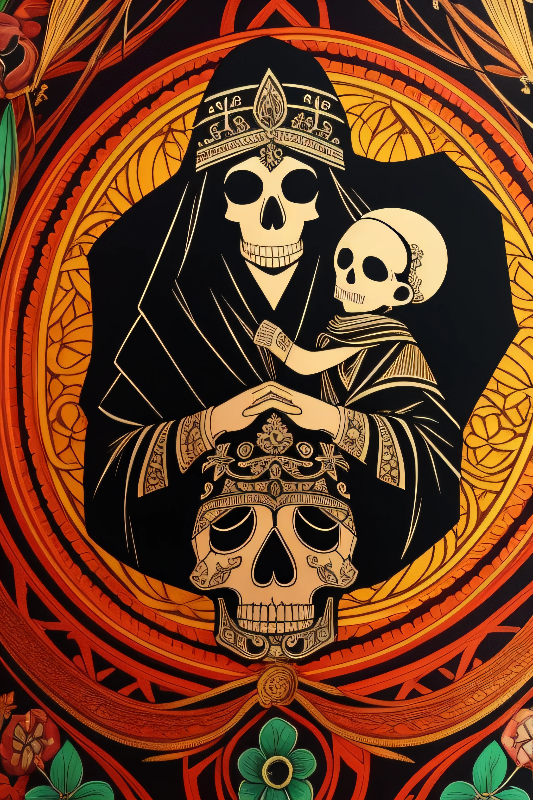 Create a detailed print with the theme of an umbanda entity, the Skull of Exu, with a black robe in a cemetery;