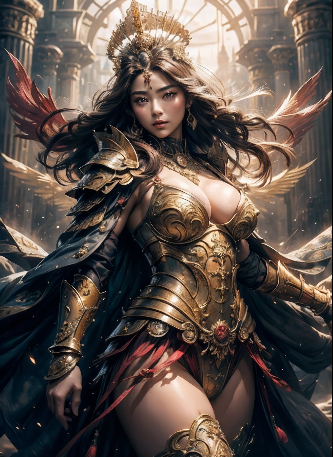 (surrealistic), (hight resolution), (8K), (ighly detailed), (beatiful detailed eyes), (top-quality), (ultra-detailliert)、intricate detailes、
1girl in、Cowboy Shot、(Goddess of battle、A beautiful woman full of power、hali々and has)、perfectly proportions、big eye:1.5、pretty eyes、bewitching、Sexy woman、爆乳、big breasts thin waist、nabel、Crotch gap、thighs thighs thighs thighs、beautiful countenance、A detailed face、Perfect figure:1.4、(shinny skin), (cleavage of the breast)、length hair、the wind、Red bra、 Long ugly hair, (Brown hair:1.3)、Look at viewers, Wearing intricate red super armor、Clear Focus:1.2、Lightning Effect、Ultra-detailed large crown adorned with jewels:1.2)、huge tit、oppai、Translucent sexy underwear、You can see the purple flag、Jewels with intricate details、(Ultra-detailed yellow armor adorned with jewels:1.3)、diffuse lighting、Valhalla Valkyrie、(Realistic lighting)、Light your face、Lights from the front、Shine a light on your face、