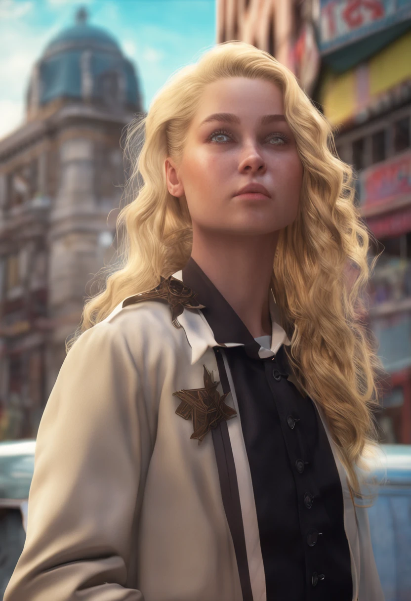 blond hairbl，girls，Overlooking，blackdress，ultra-realistic realism