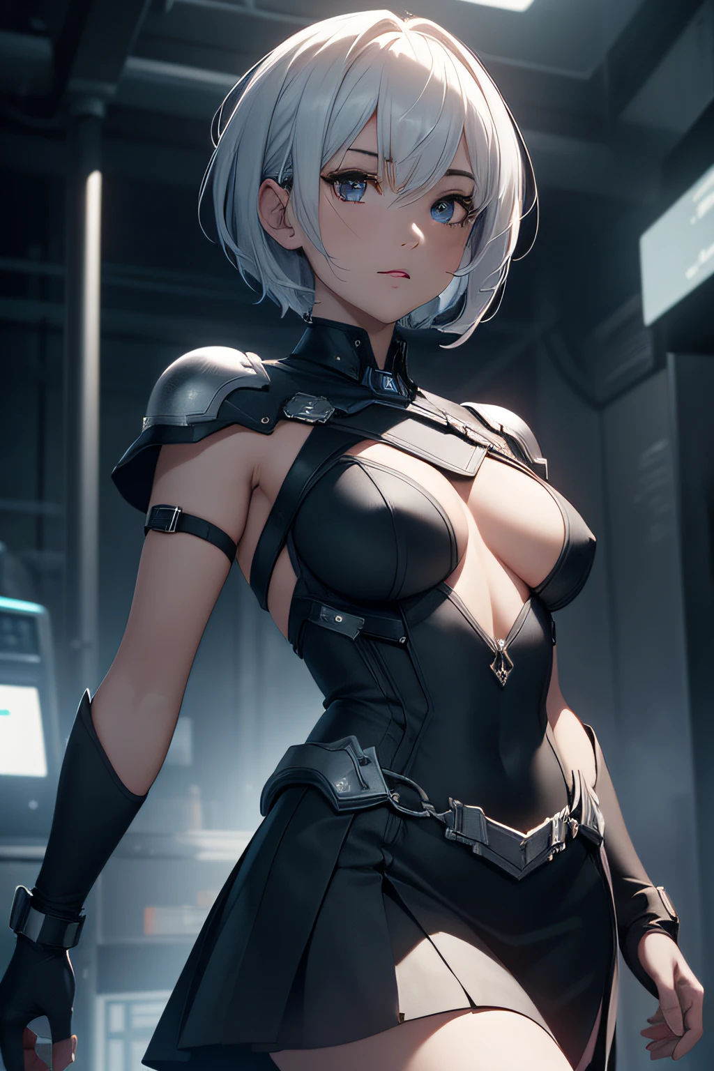 Glasswork、(Young Face),(Perfect eyes), (Perfect hands), (Perfect fingers), (neck-length short hair: 1.5), (Concise tight skirt: 1.3), Silver hair, Collar, (gloves: 1.2), (guns), chains, in the distant future, the line between science fiction and fantasy has disappeared,(Very detailed CG 8k wallpaper), (Extremely delicate and beautiful),Beautiful lighting, Realistic Shadows, [High resolution], detailed skins, Ultra Detail, nffsw (High dynamic range), Ray tracing, NVIDIA RTX, Hyper-Resolution, Unreal 5, Subsurface scattering, PBR Textures, Post-processing, Anisotropy Filtering, depth of fields, Maximum sharpness and sharpness, Multilayer Texture, Albedo and Highlight Mapping, Surface Shading, Accurate simulation of light-material interactions, Perfect proportions, Octane Render, bi-color light, Large aperture, Low ISO, White Balance, thirds rule, ,Dutch Angle,Good anatomy),Dynamic Pose, actionpose, open pose, (dark brown eyes),Strobolai