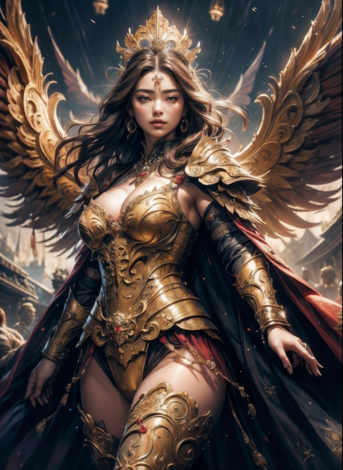 (surrealistic), (hight resolution), (8K), (ighly detailed), (beatiful detailed eyes), (top-quality), (ultra-detailliert)、intricate detailes、
1girl in、Cowboy Shot、(Goddess of battle、A beautiful woman full of power、hali々and has)、perfectly proportions、big eye:1.5、pretty eyes、bewitching、Sexy woman、爆乳、big breasts thin waist、nabel、Crotch gap、thighs thighs thighs thighs、beautiful countenance、A detailed face、Perfect figure:1.4、(shinny skin), (cleavage of the breast)、length hair、the wind、Red bra、 Long ugly hair, (Brown hair:1.3)、Look at viewers, Wearing intricate red super armor、Clear Focus:1.2、Lightning Effect、Ultra-detailed large crown adorned with jewels:1.2)、huge tit、oppai、Translucent sexy underwear、You can see the purple flag、Jewels with intricate details、(Ultra-detailed yellow armor adorned with jewels:1.3)、diffuse lighting、Valhalla Valkyrie、(Realistic lighting)、Light your face、Lights from the front、Shine a light on your face、