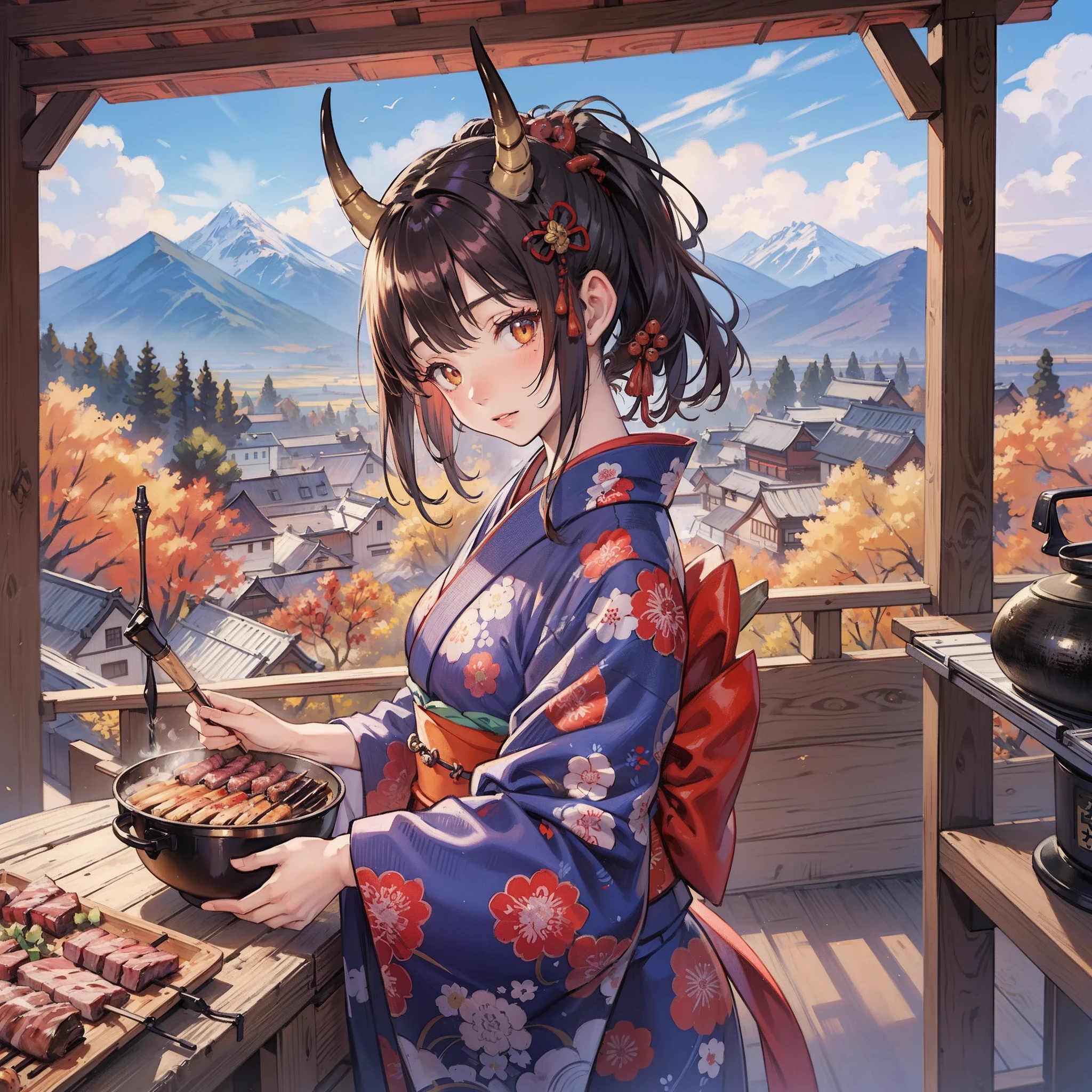 (masterpiece, best quality:1.2), (2 girl, 18 years old, kimono, demon horn), (open fire stand, meat on the barbecue net), (mountains and fields in autumn background)