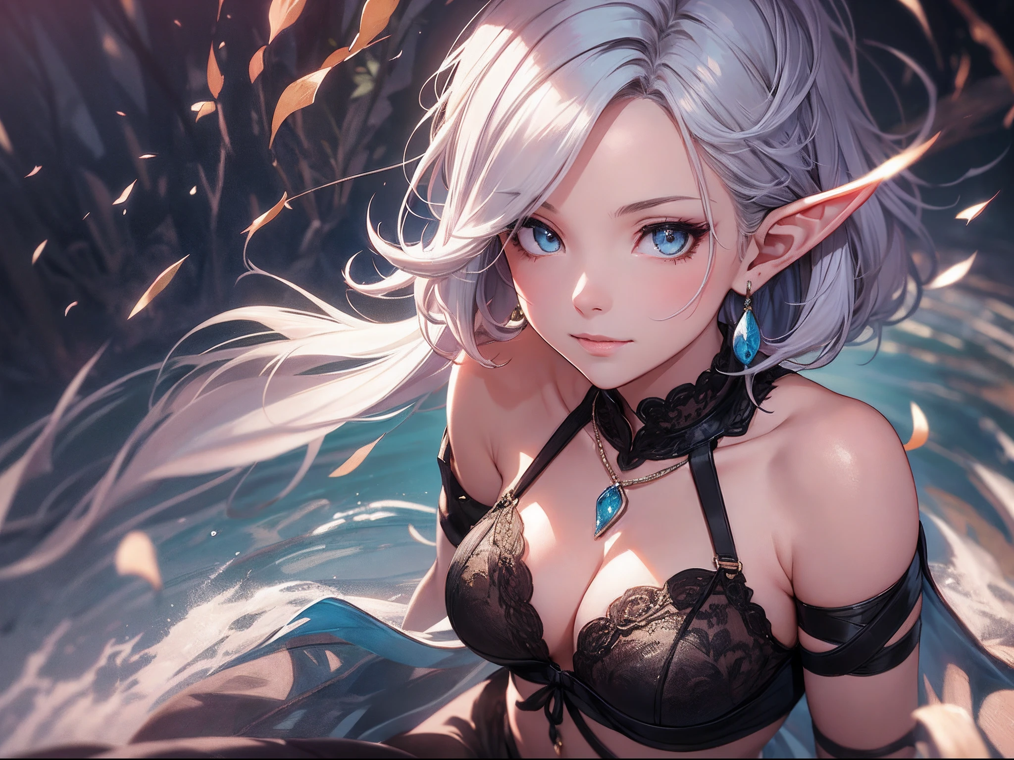 A cute elf girl,short detailed hair,Exquisite Hair,colored inner hair,Pick and dye your hair,Colorful hair,With Ultra HD details,Professional lighting and lighting。Delicate, tall and sexy,Stockings,Delicate earrings,Delicate necklace,Light breeze,Brighter scenes,More refined facial features,eyes with brightness,Light smile,anaglyph,tachi-e,Atmospheric perspective,High detail backlight,Chiaroscuro,full bloom,Ray trajectories,Perspective top-down,super detailing、acurate、best qualityer、Textured epidermis、Anatomically correct