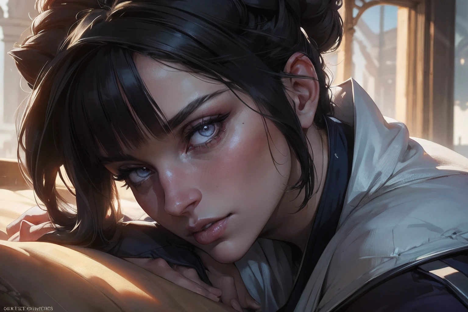 Masterpiece, Best quality, 4k resolution, dehors, fonctionnaire, Photographier, portrait, From the side, (Realstic, Ultraréalisme, Photo-realism:1.4), detailed background, Detailed face, detailled eyes, Regarder le spectateur, nuit, coucher de soleil, JuriMS , sfiv, cornes de cheveux, pantalon ample blanc, frange, softlighting, Repos