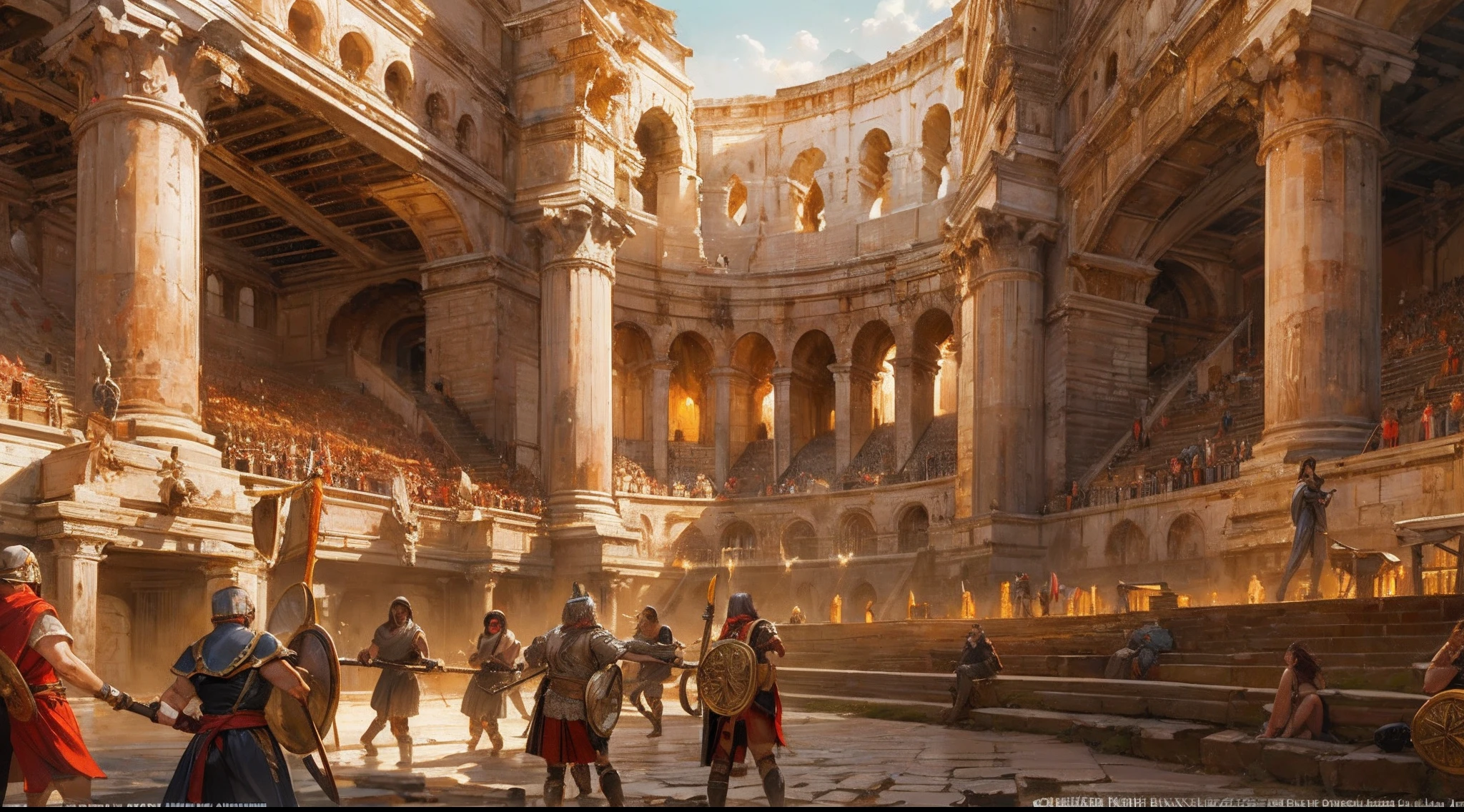 "(by Greg Rutkowski: 1.2), (masterpiece), (best quality), extremely delicate and beautiful, illustration, (fantasy landscape), depth of field, HDR, intricate, delicate, photorealistic depiction, creating a visual masterpiece with the best possible quality. A mesmerizing fantasy landscape with enchanting elements blending seamlessly. (Highlighting the gladiators fighting in colosseum full of crowd cheering, roman empire era)."