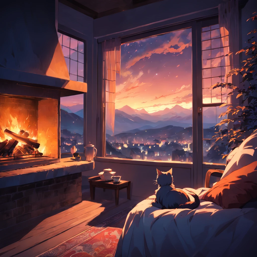 Fireplace at the end of the night, cat sleeping, Cup of tea with steam, Beautiful landscape window