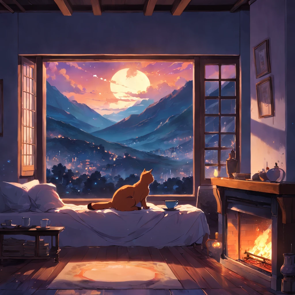 Fireplace at the end of the night, cat sleeping, Cup of tea with steam, Beautiful landscape window