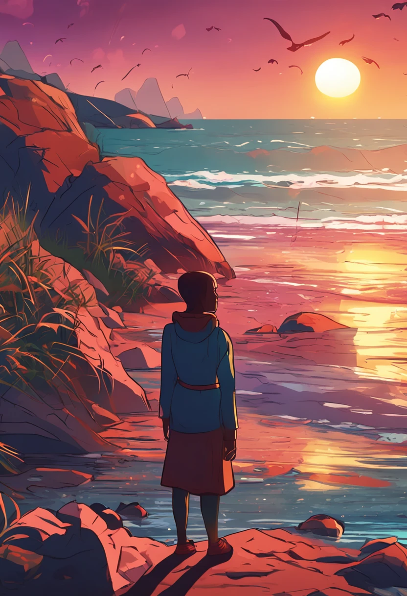 On the seaside where you can hear the sound of the waves、Illustration of the back of a person staring at the sunrise」