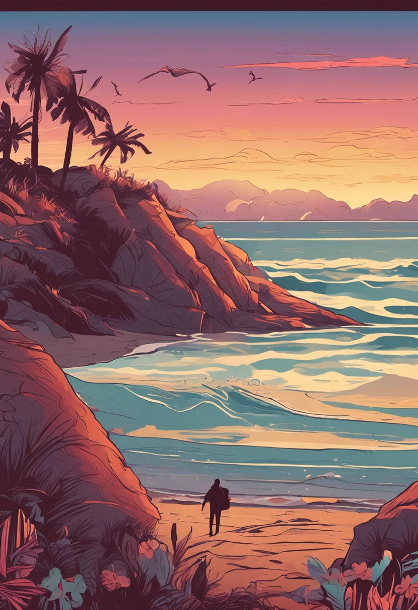 On the seaside where you can hear the sound of the waves、Illustration of the back of a person staring at the sunrise」