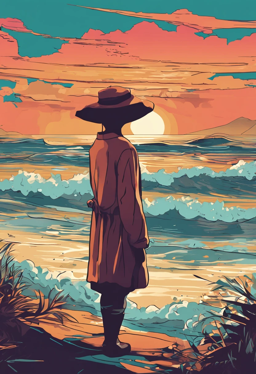 On the seaside where you can hear the sound of the waves、Illustration of the back of a person staring at the sunrise」