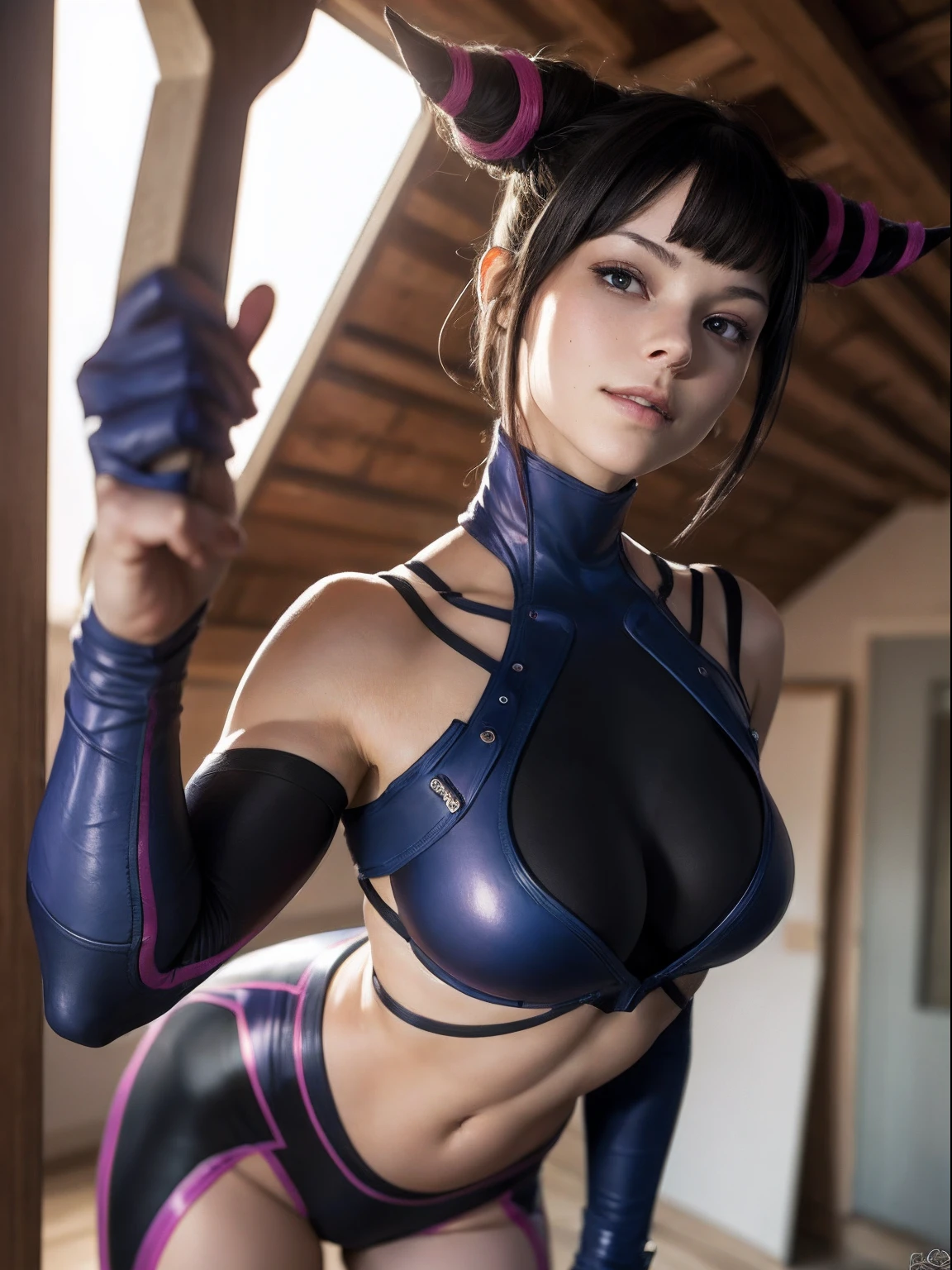 JuriMS, SFV, cornes de cheveux, seductive smile, (Masterpiece, Best quality:1.4), (debout:1.1), corps entier, (upside down), (1fille), seulement, detailed background, profondeur de champ, volumeric lighting, mise au point nette, absurdes, Realistic proportions, bonne anatomie, (Realstic, Hyperrealistic:1.4), 16K HDR,