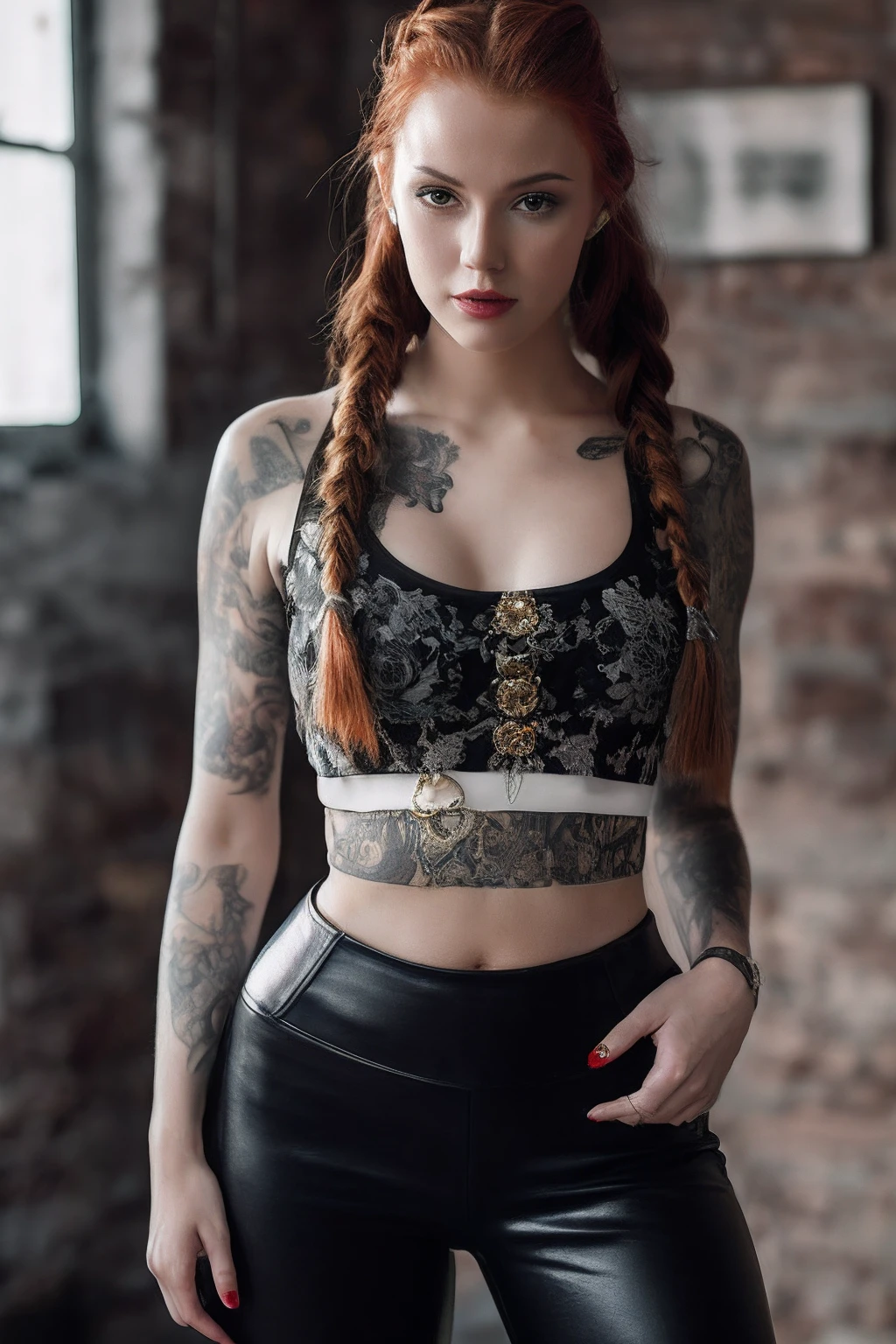 an steampunk girl at a party, (white crop top:1.2), small breast, black and blue leather, tattoo, hyper detailed, ultra sharp, long auburn hair in braids, 8k, (insanely detailed:1.5), full body photograph, 20 megapixel, canon eos r3, detailed skin, pale skin
