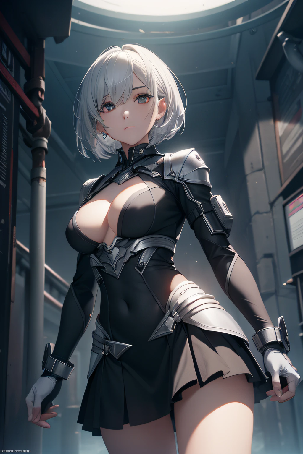 Glasswork、(Young Face),(Perfect eyes), (Perfect hands), (Perfect fingers), (neck-length short hair: 1.5), (Concise tight skirt: 1.3), Silver hair, Collar, (gloves: 1.2), (guns), chains, in the distant future, the line between science fiction and fantasy has disappeared,(Very detailed CG 8k wallpaper), (Extremely delicate and beautiful),Beautiful lighting, Realistic Shadows, [High resolution], detailed skins, Ultra Detail, nffsw (High dynamic range), Ray tracing, NVIDIA RTX, Hyper-Resolution, Unreal 5, Subsurface scattering, PBR Textures, Post-processing, Anisotropy Filtering, depth of fields, Maximum sharpness and sharpness, Multilayer Texture, Albedo and Highlight Mapping, Surface Shading, Accurate simulation of light-material interactions, Perfect proportions, Octane Render, bi-color light, Large aperture, Low ISO, White Balance, thirds rule, ,Dutch Angle,Good anatomy),Dynamic Pose, actionpose, open pose, (dark brown eyes),Strobolai