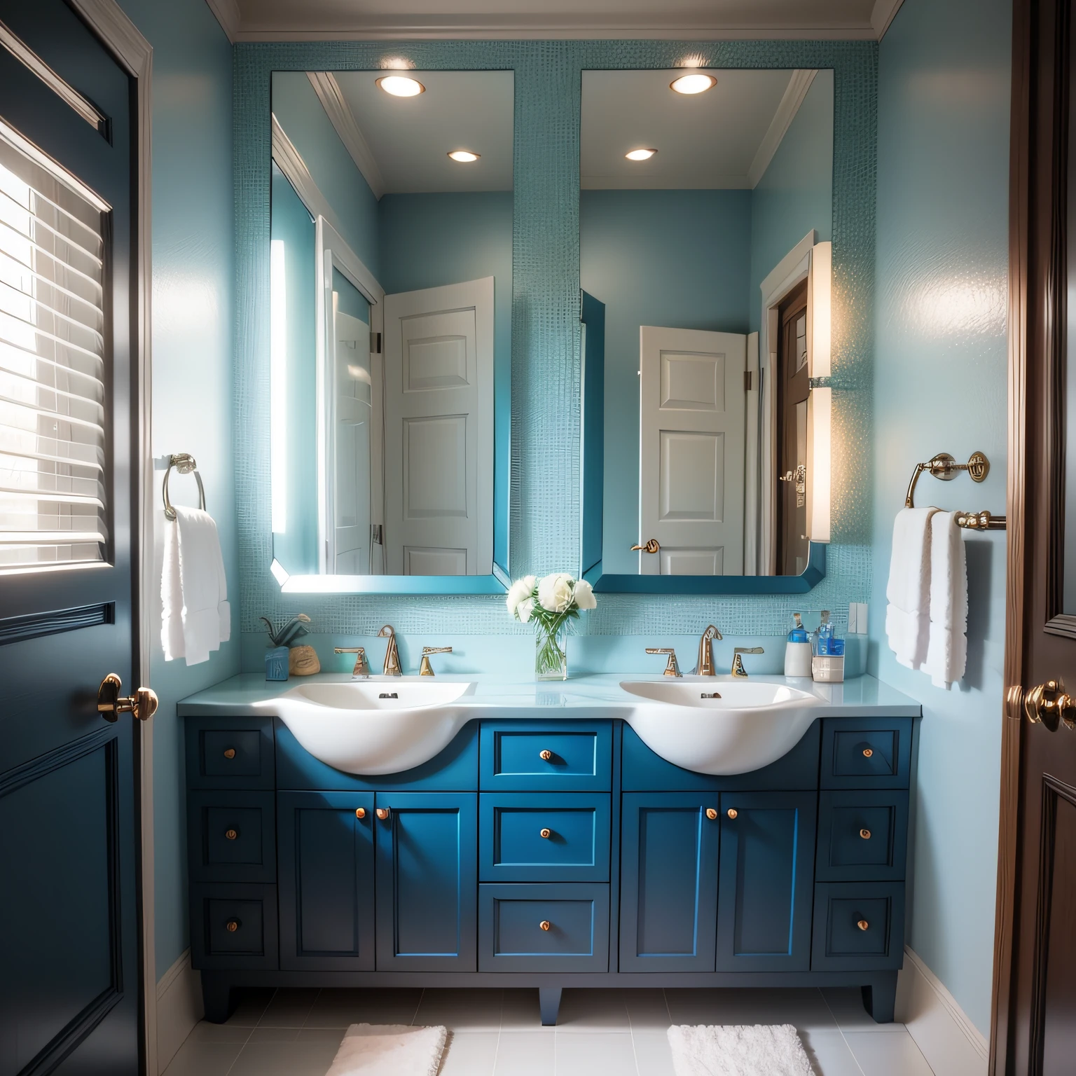 bathrooms with blue vanity with Mirror Magic