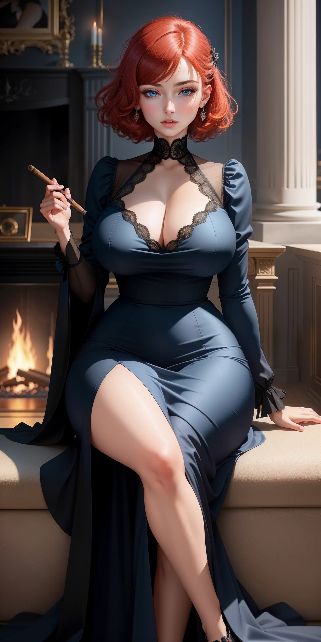 masterpiece, best quality, finely detailed, high resolution, extremely detailed and beautiful, 1girl, (blue eyes),red hair, anime girl, hidden room, (huge breasts), sitting,long black dress, short hair,holding cigar in right hand,masterpiece, best quality, finely detailed, high resolution, extremely detailed and beautiful, 1girl, (blue eyes),red hair, anime girl, , (huge breasts), sitting,long black dress, short hair,holding cigar in right hand,long black dress,castle room by the fireplace