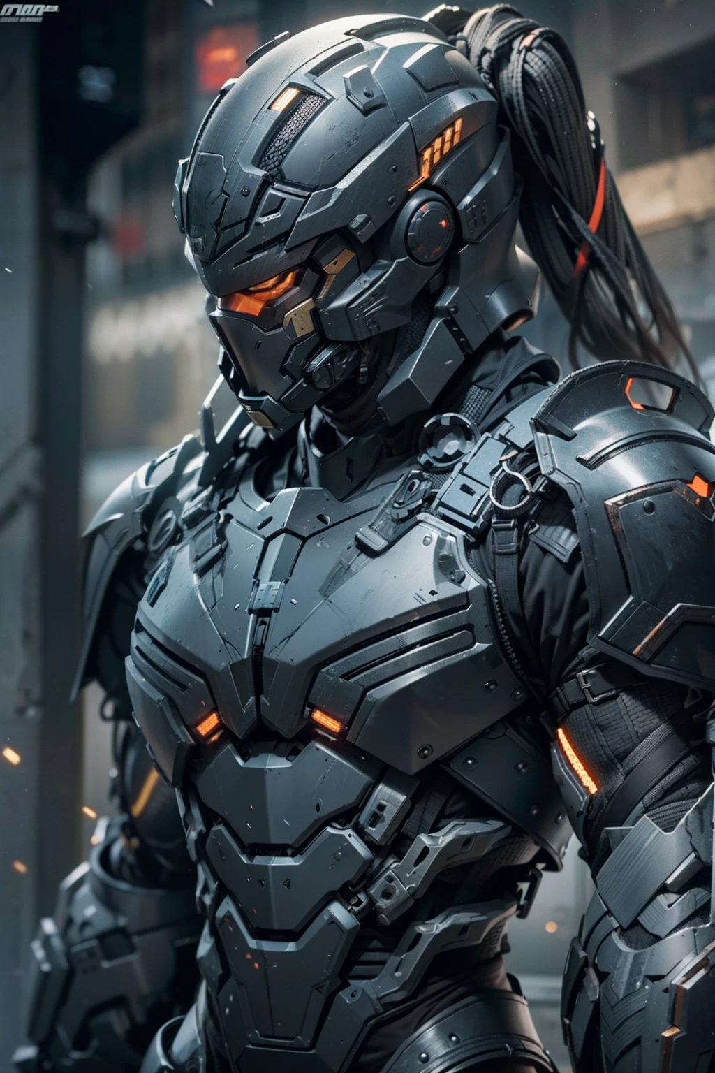 Top Quality Male Machine Warrior,Super macho body、Armor-like appearance、intricate mask,Complex technical exoskeletons,Fully wrapped helmet,Heavy weapons on the back,A sense of the technology of the future,(Matte Black:1.1),Futuristic and technological,