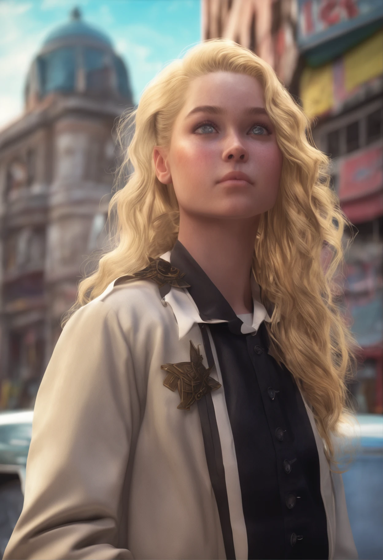 blond hairbl，schoolgirls，Overlooking，blackdress，ultra-realistic realism