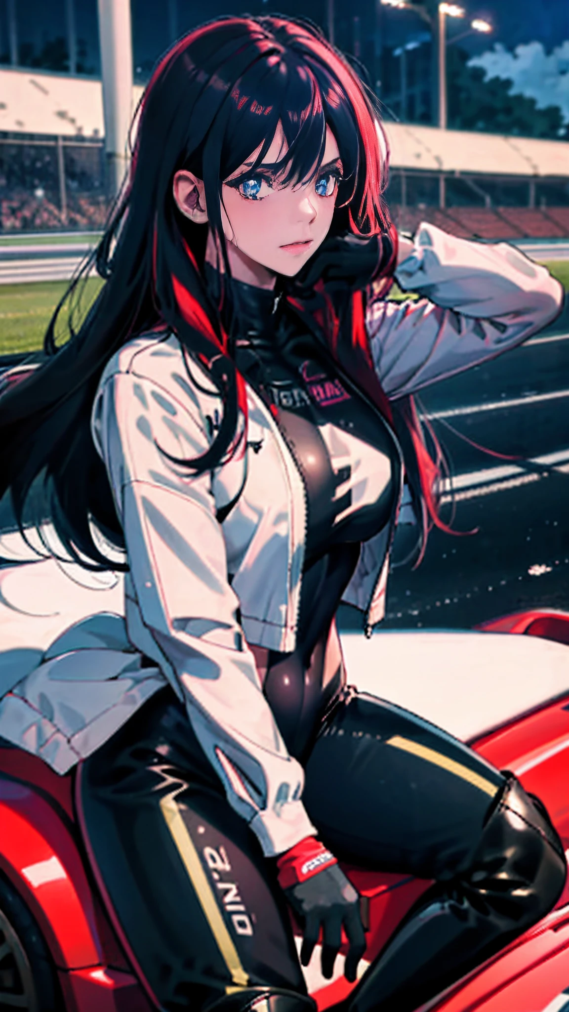 masterpiece,(ultra-detailed),1girl,, car,  racecar, circuit,   black bodysuit, cropped jacket, white jacket, long sleeves, two-tone gloves, thigh boots,The belly is exposed，large bust，Large breasts，long leges，Love Hoshino of racing，Flame it up，Squat or stand or sit，rainy sky，drenched all over the body，Behind you is a professional racing track，Abs，drenched all over the body，Eyes rolled up