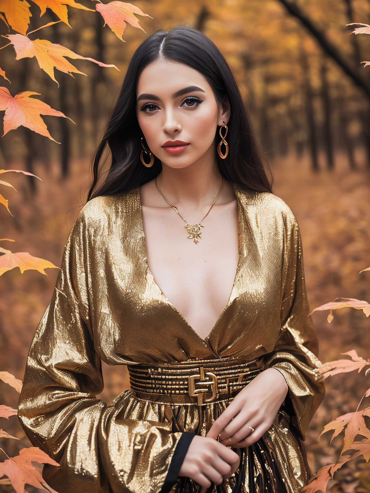 A woman in a golden dress surrounded by autumn leaves, fantasy style clothing, colorful rich fantasy clothing, fashion clothing, by Bascove, luxurious theme, style of laura sava, fashion poster, fashion design, creativity in fashion design, fashion clothes, designer fashion, creative fashion, fashion designer, digital effects fantasy, luxury fashion illustration, foliage clothing, the goddess of autumn harvest, Canon EF 24 - 70mm f/ 2. 8L II USM lens on a Canon EOS 5D Mark IV camera,