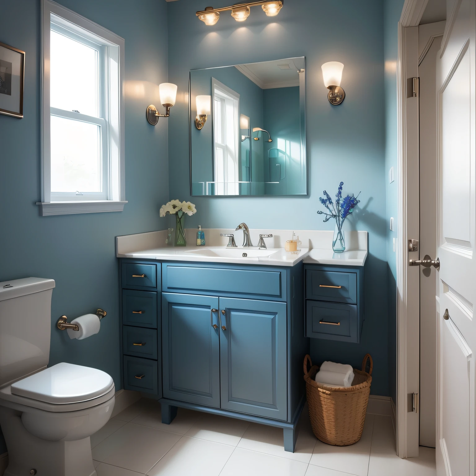bathrooms with blue vanity with Toilet Setup