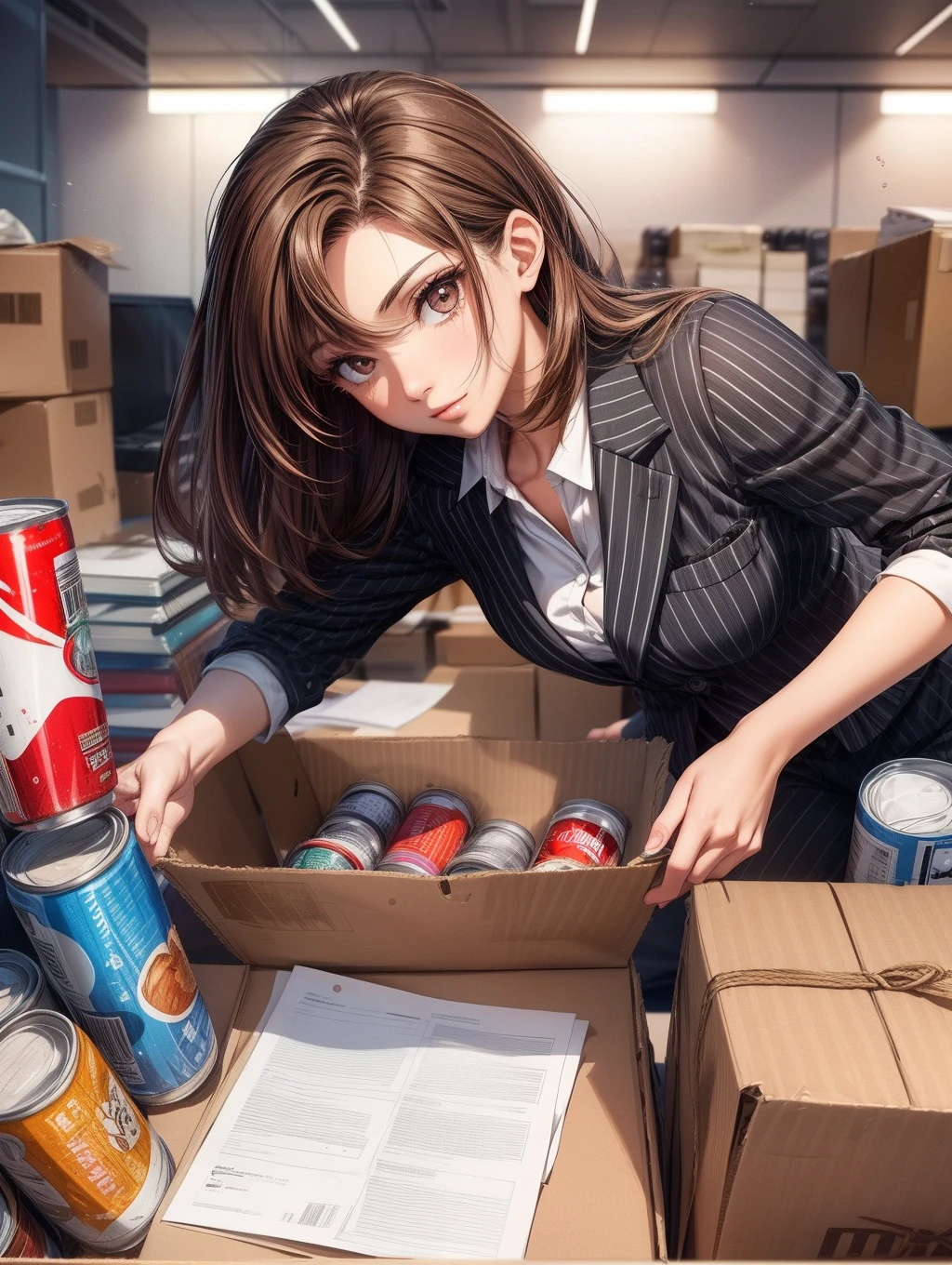 Best Quality, masutepiece, beautiful mature women、Beautiful face、Strong-minded woman、Office Suit Pants、brown haired、Brown-eyed、Longhaire、Undersized eyes、Full body like、s Office、cardboard、Bottled water、Canned food on the desk