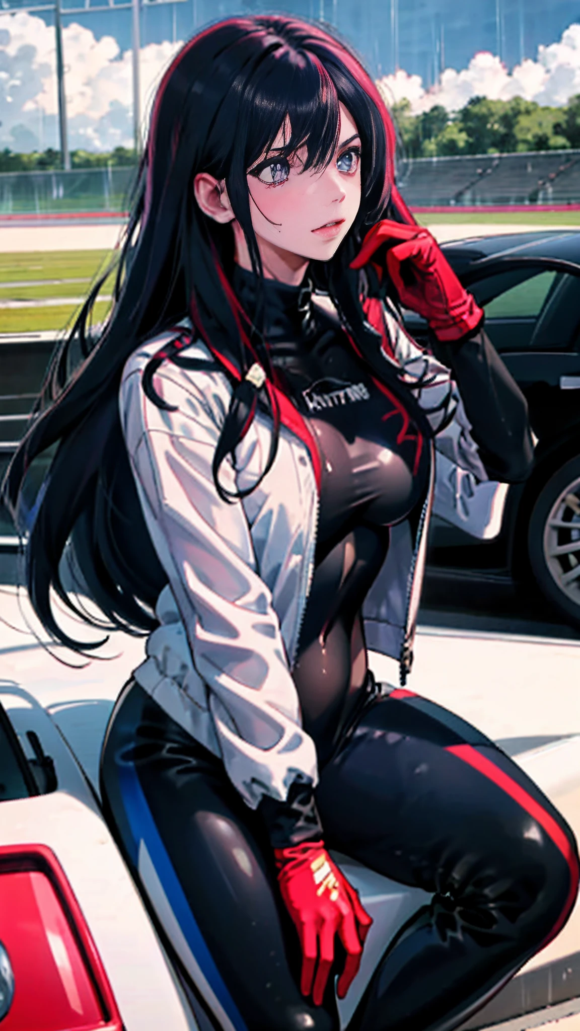 masterpiece,(ultra-detailed),1girl,, car,  racecar, circuit,   black bodysuit, cropped jacket, white jacket, long sleeves, two-tone gloves, thigh boots,The belly is exposed，large bust，Large breasts，long leges，Love Hoshino of racing，Flame it up，Squat or stand or sit，rainy sky，drenched all over the body，Behind you is a professional racing track，Abs，drenched all over the body，Eyes rolled up