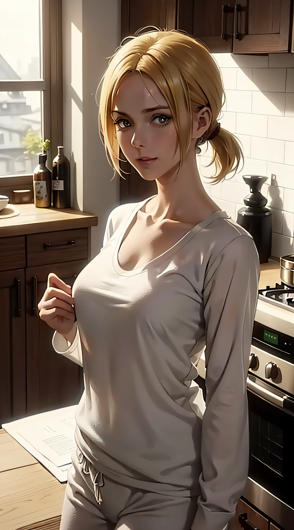 android18 from the anime dragon ball, short hair, blonde hair, blue eyes, ponytail, beautiful, beautiful woman, perfect body, perfect breasts, wears white pajamas, pajamas, sleepwear, in the kitchen, clear kitchen, looking at the viewer, little smile, realism, masterpiece, textured skin, super detail, high detail, high quality, best quality, 1080p, 16k