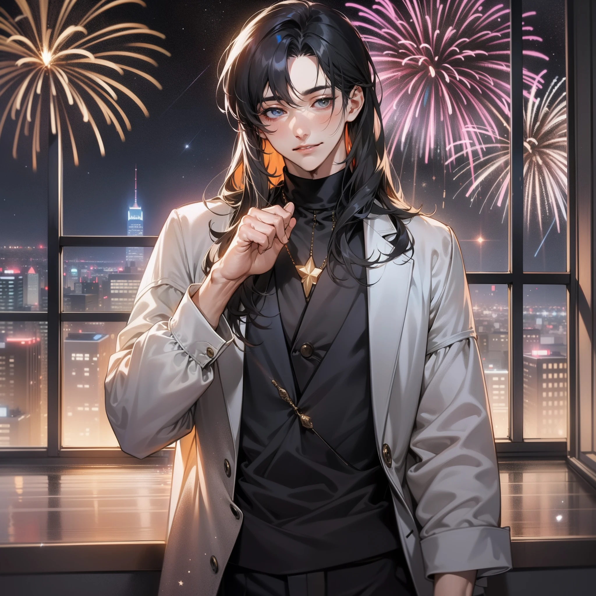 1 man, tall guy, male, delicate face, A joyful individual with disheveled long dark hair and swept-back bangs, donning a stylish grey turltle-neck and thin cardigan, positioned next to a window overlooking a mesmerizing night sky filled with twinkling stars and vibrant bursts of fireworks.