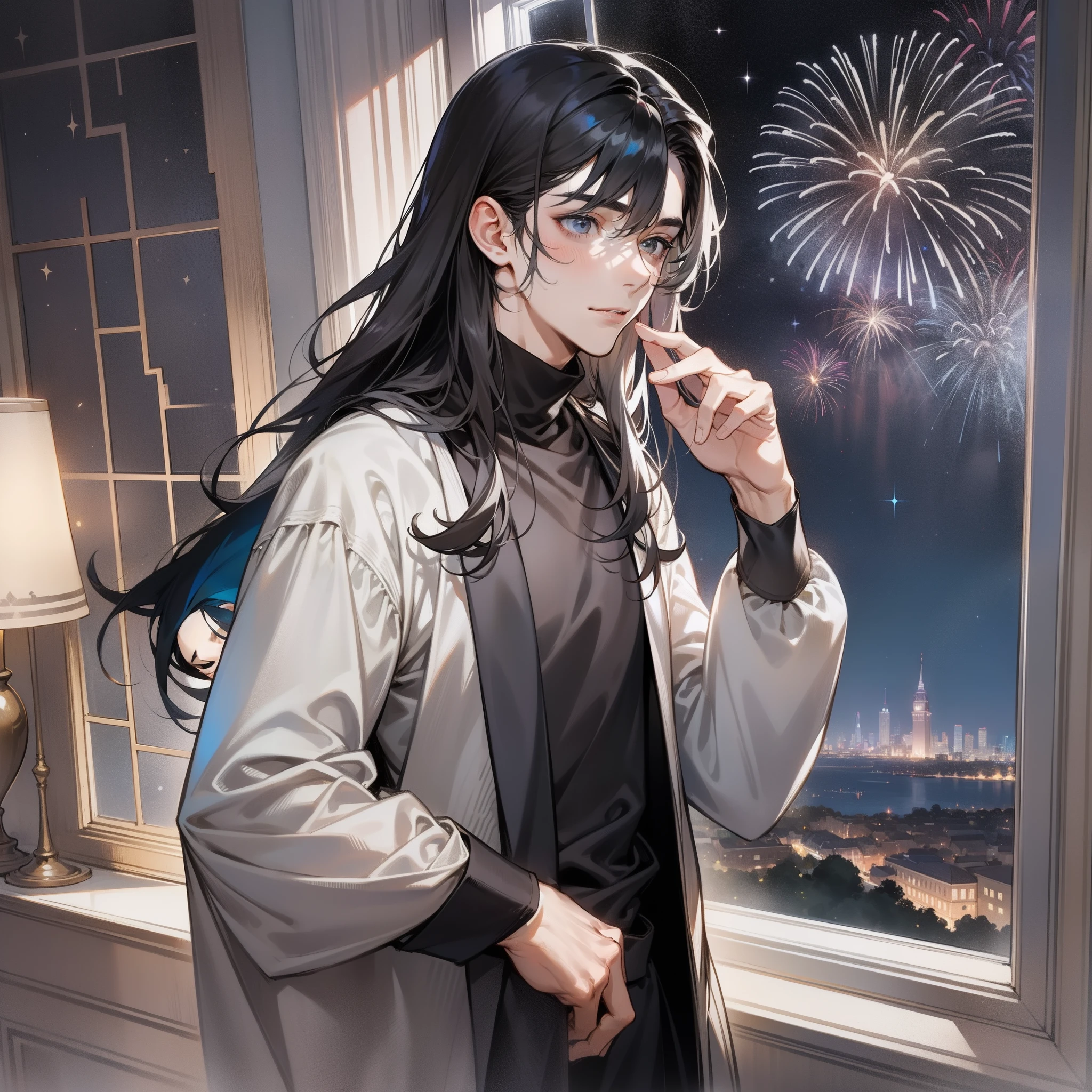 1 man, tall guy, male, delicate face, A joyful individual with disheveled long dark hair and swept-back bangs, donning a stylish grey turltle-neck and thin cardigan, positioned next to a window overlooking a mesmerizing night sky filled with twinkling stars and vibrant bursts of fireworks.