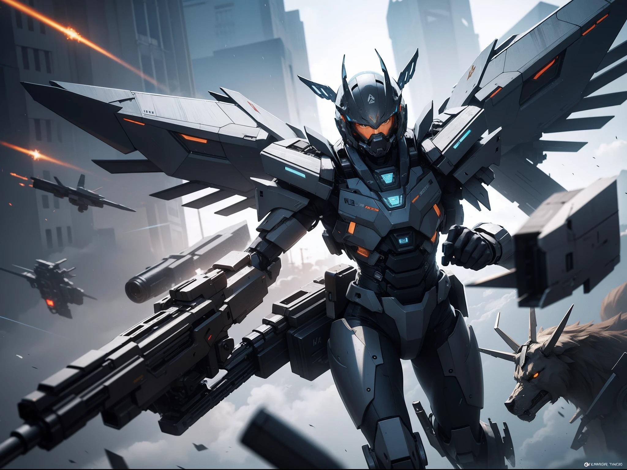 mechs,flying though the air,Holding a gun,​​clouds,Eyes glow,Wearing machine wings,Equipped with a shield